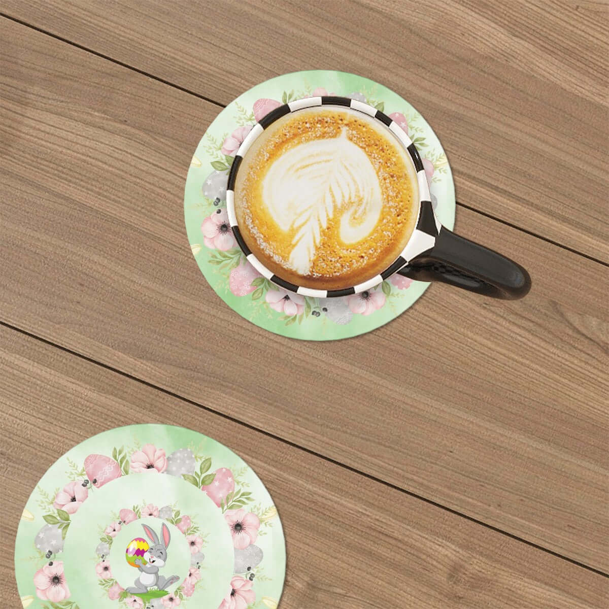 Runde Keramikuntersetzer, 6er-Set mit floralem Design auf Holztisch, verwendbar für Kaffee und Getränke, UV-Drucktechnologie.