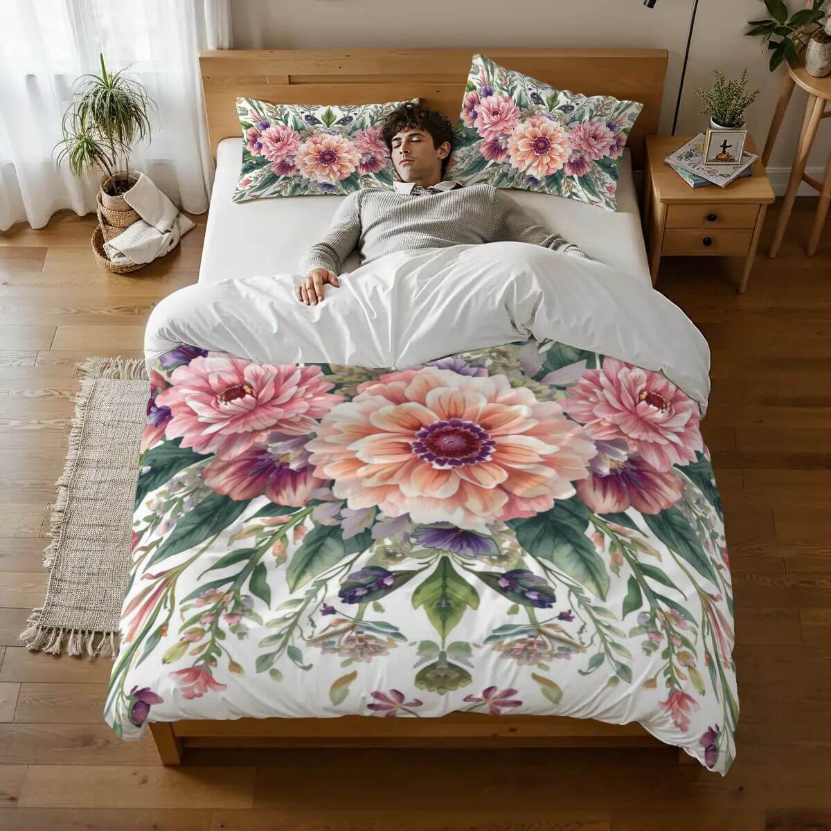 Full Duvet Cover Set with floral design, breathable 90GSM polyester, featuring a sleeping person in a decorated bedroom.