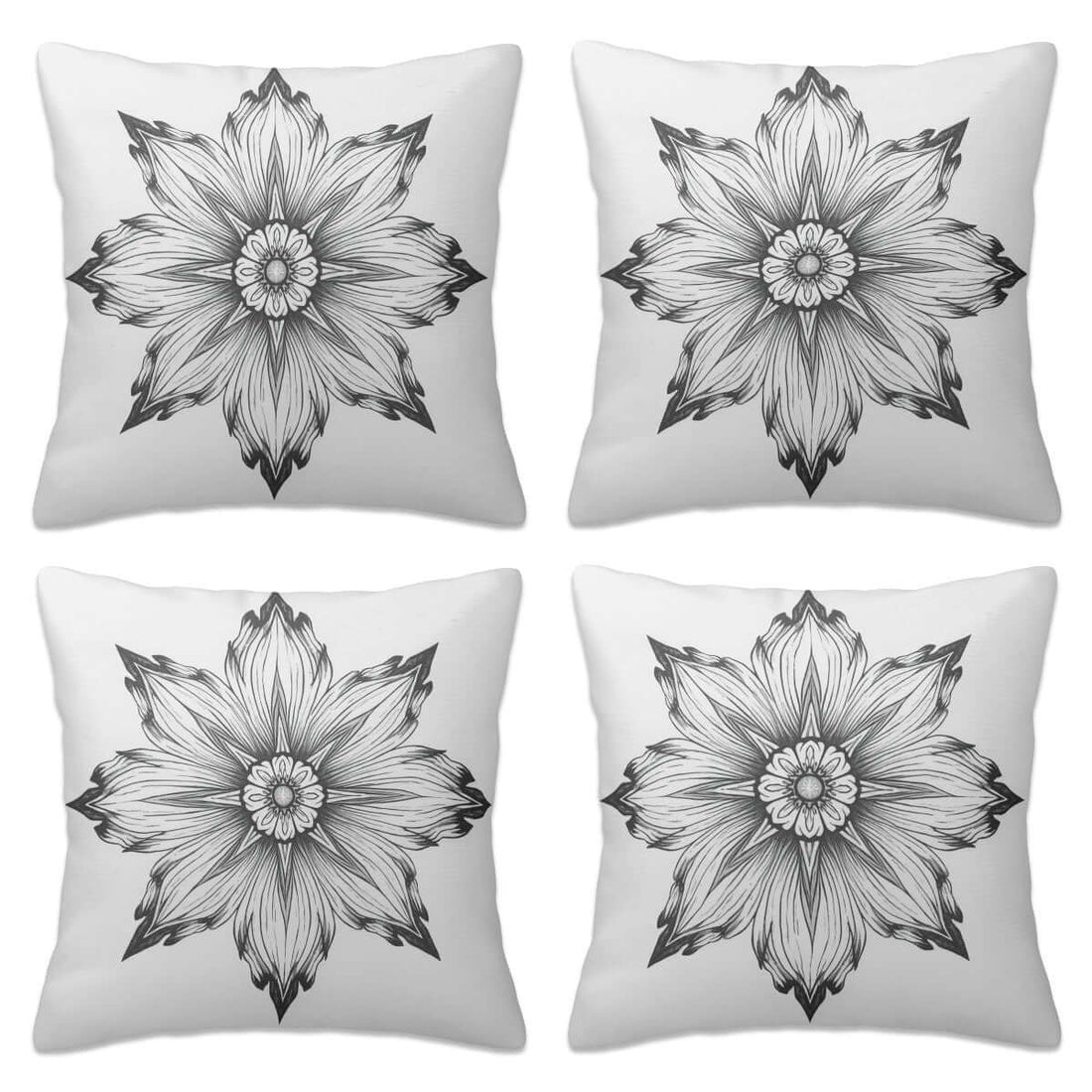 Ganzjahres-Kissenbezüge, 4er-Set in Schwarz-Weiß-Blumenmuster, aus Polyester, Größen: 12"x12" bis 20"x20", mit unsichtbarem Reißverschluss.