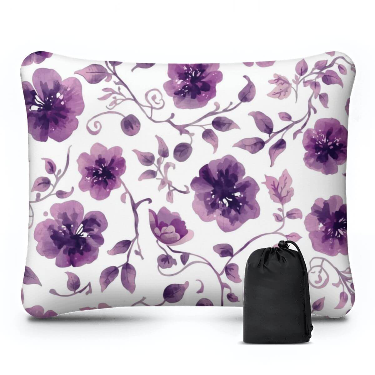 Video Aufblasbares Campingkissen mit lila Blumenmuster, hautfreundlich, atmungsaktiv, inkl. Tragetasche, Größe 15,8"x12,6"x4,3".