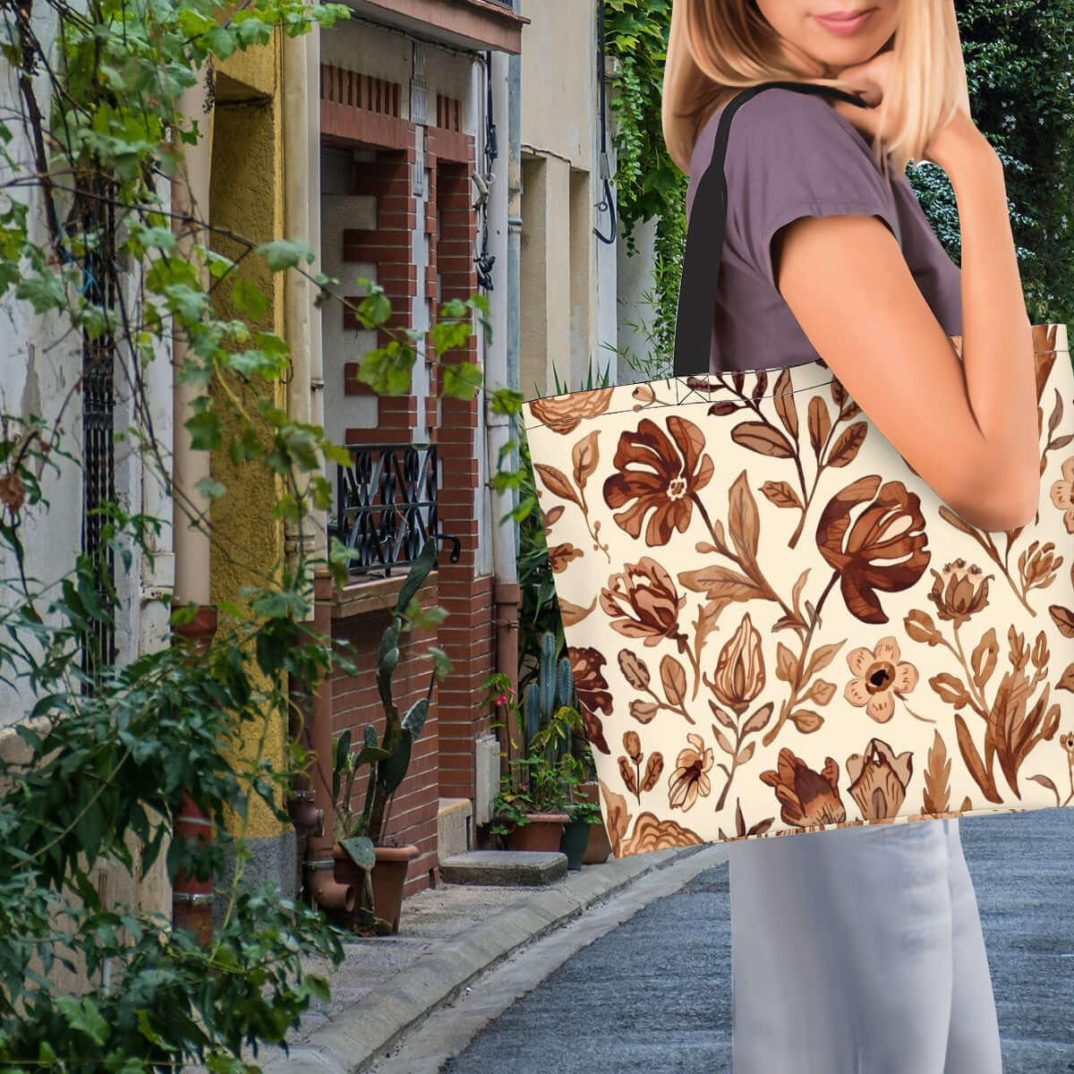 Große Schultertasche für Damen mit floralem Design in einer belebten Straße