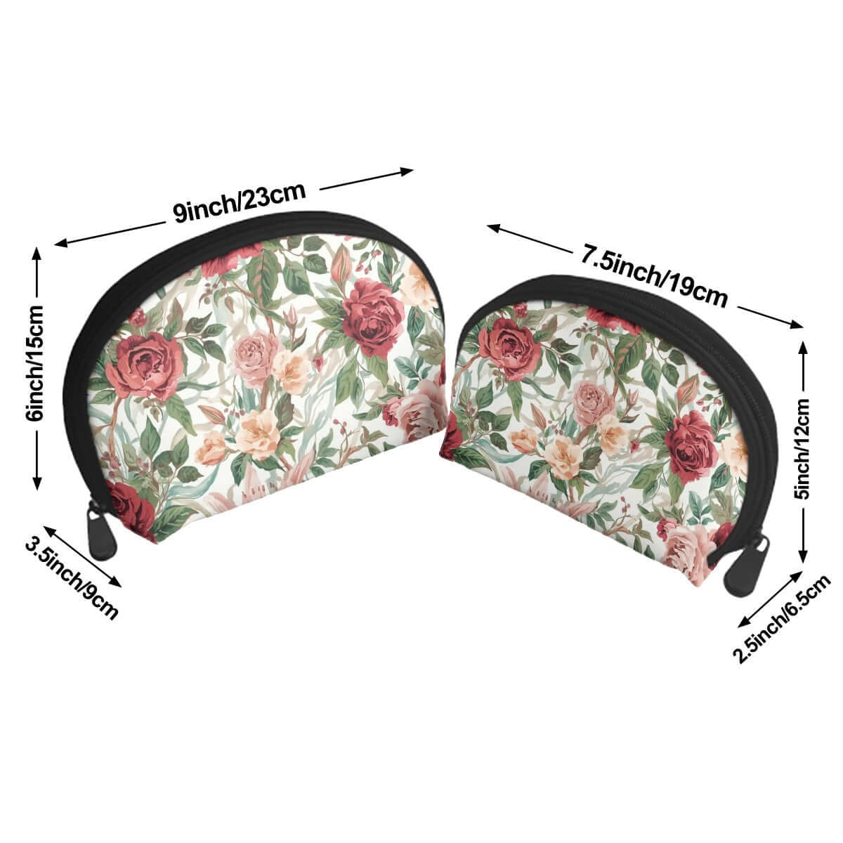 Aufbewahrungsbeutel-Set (2 Stück) aus Polyester mit Blumenmuster in zwei Größen, großer und kleiner Beutel gezeigt, Reißverschluss-Design.