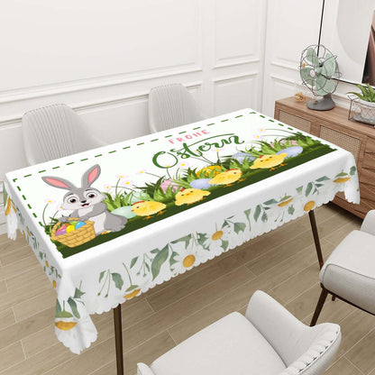 Rechteckige Tischdecke mit Wellenrand Ostermotiv. Ostertischdecke mit Hasen- und Küken-Design, 72x54 Zoll, 100% wasserdichter Polyester.
