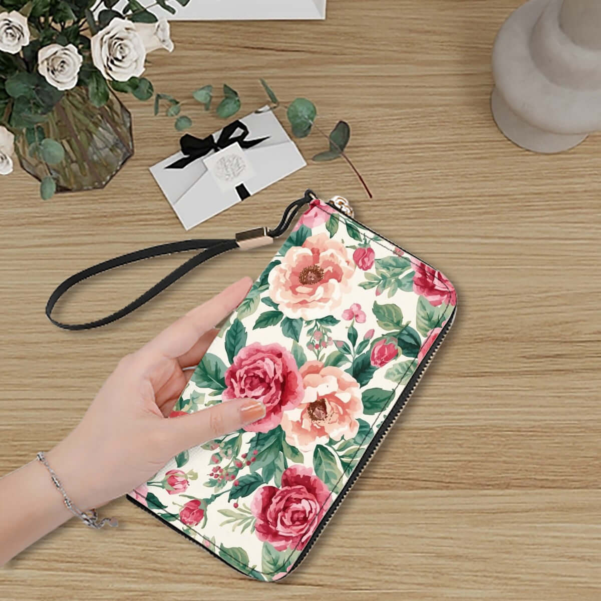 Florale Clutch-Geldbörse für Damen aus PU mit UV-Druck und großer Kapazität, ideal für Karten, Bargeld und Handy.