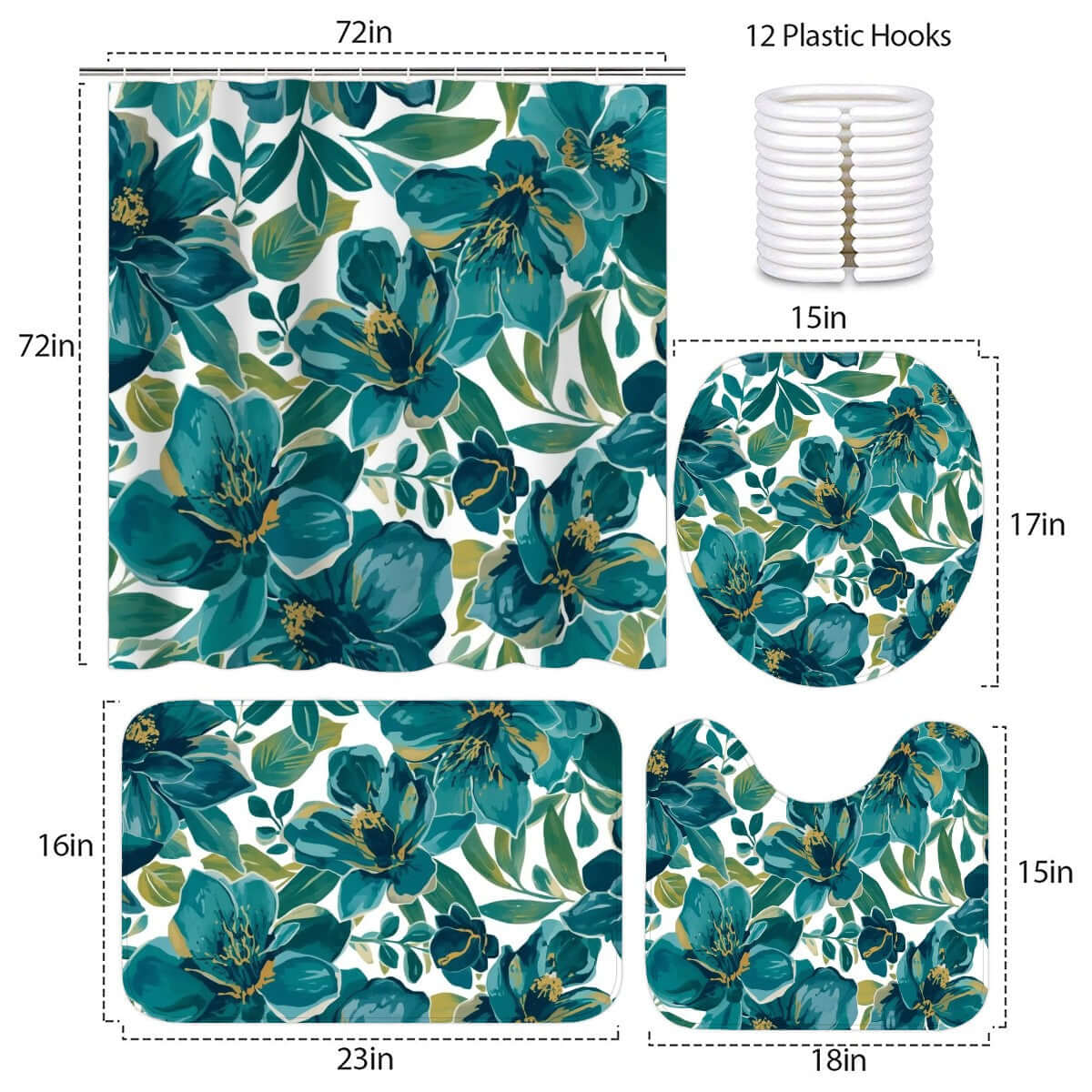 Badezimmerteppich-Set mit Duschvorhang, 4-teilig, floral design, polyester material, includes rugs and toilet cover, waterproof effect