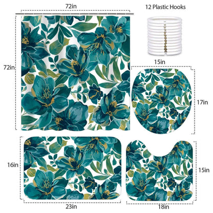 Badezimmerteppich-Set mit Duschvorhang, 4-teilig, floral design, polyester material, includes rugs and toilet cover, waterproof effect