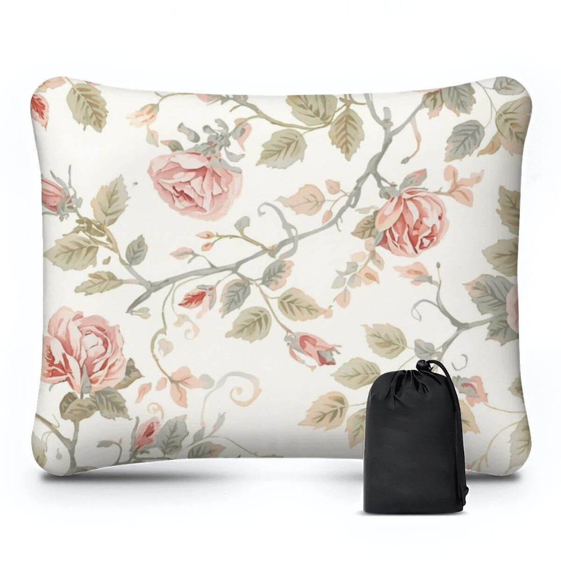 Aufblasbares Campingkissen mit floralem Design aus weichem Polyester, zeigt ein einseitig bedrucktes Kissen mit Tragetasche.