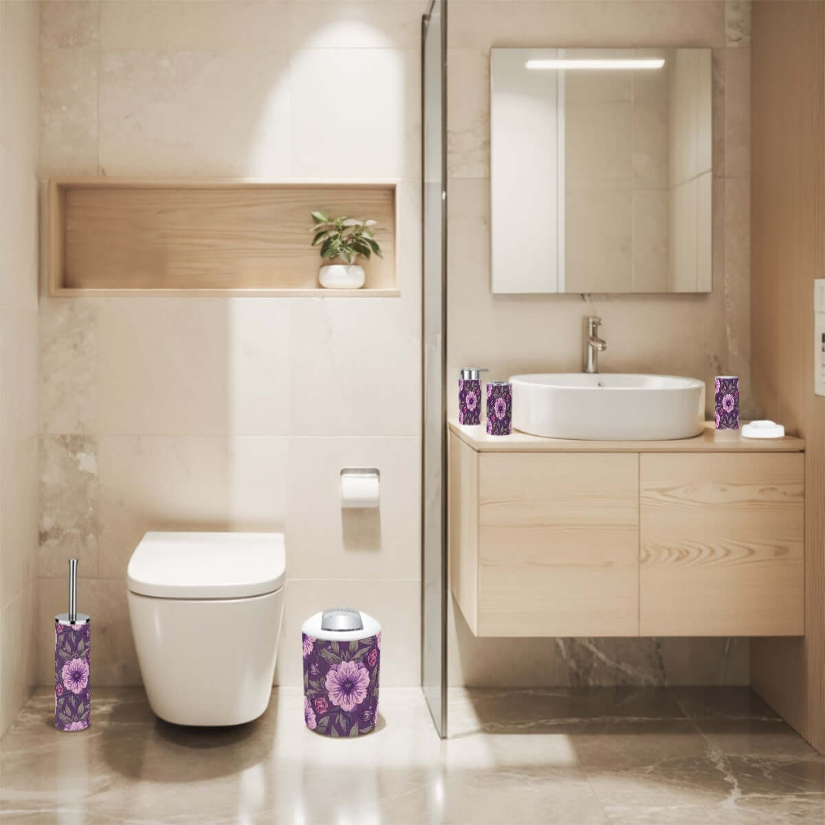 Badezimmer mit 5-teiligem Badezimmer-Accessoires-Set aus Plastik, Blumenmuster; Zahnbürstenbecher, Zahnbürstenhalter inklusive.