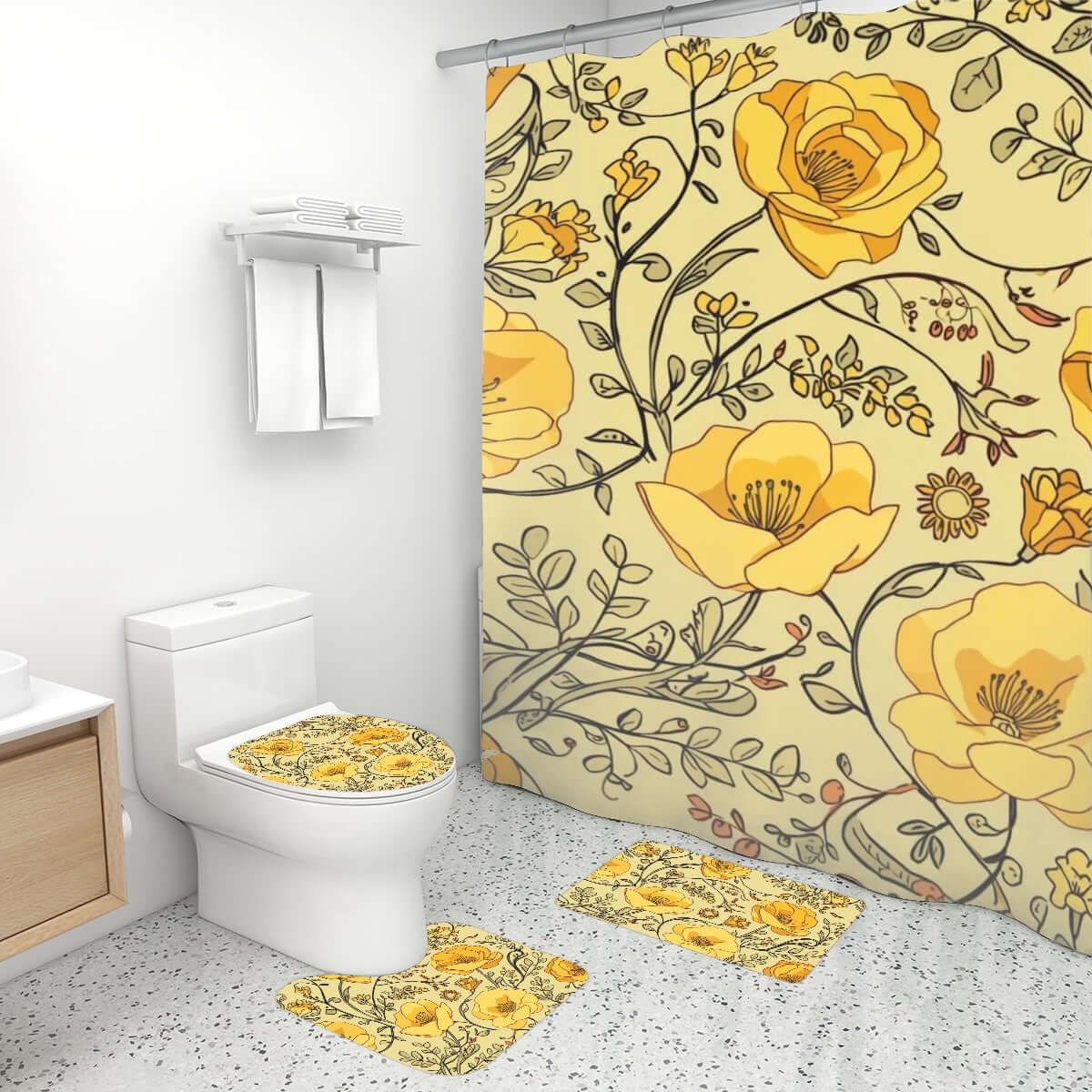 Badezimmerteppich-Set mit Duschvorhang, 4-teilig, aus Polyester mit floralem Design, wasserfest, weiche Textur, langlebig.