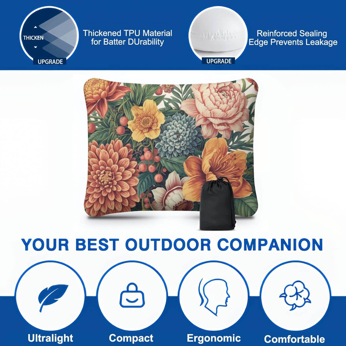 Aufblasbares Campingkissen mit Blumendesign aus Polyester, handlich und bequem für Outdoor-Aktivitäten.
