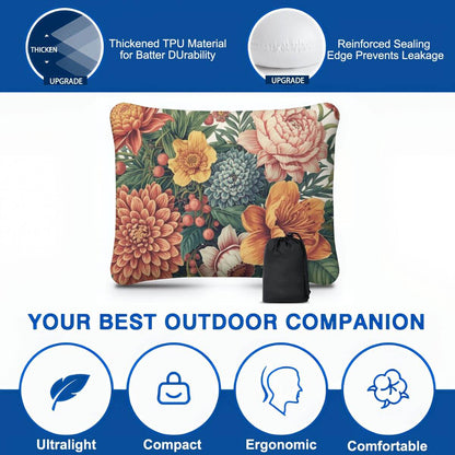 Aufblasbares Campingkissen mit Blumendesign aus Polyester, handlich und bequem für Outdoor-Aktivitäten.