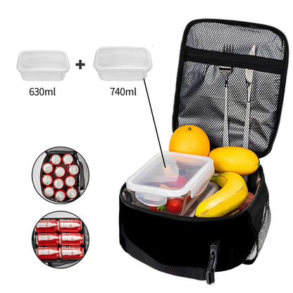 Lunchtasche im Früchte Design aus Oxford-Stoff, gefüllt mit Behältern und Obst, lebensmitteltaugliche PEVA-Beschichtung, für unterwegs.