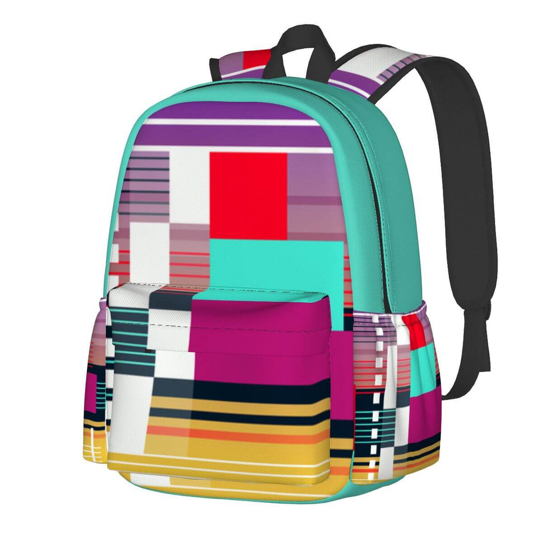 Geräumiger Oxford-Rucksack mit Seitentaschen und buntem Design, ideal für den täglichen Gebrauch. Hergestellt aus hochwertigem Oxford-Stoff.