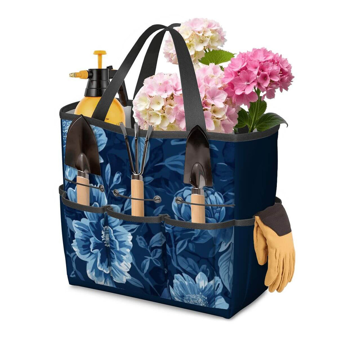Blue floral Gartengerätetasche with gardening tools, gloves, and pink flowers, durable waterproof Oxford fabric with multiple pockets.