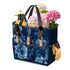Blue floral Gartengerätetasche with gardening tools, gloves, and pink flowers, durable waterproof Oxford fabric with multiple pockets.