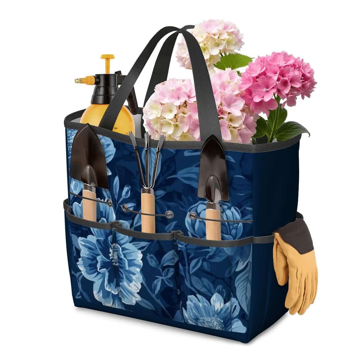 Gartengerätetasche in Blau aus Oxford-Stoff mit Blumenmuster, enthält Gartengeräte und Blumen, wasserfest und langlebig, 11,8x5,5x11,4 Zoll.