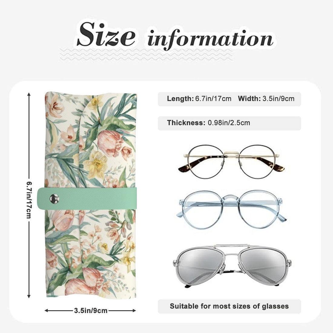 Blumenmuster Brillenetui aus PU-Leder mit Größenangaben, geeignet für verschiedene Brillen