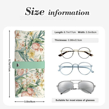 Blumenmuster Brillenetui aus PU-Leder mit Größenangaben, geeignet für verschiedene Brillen