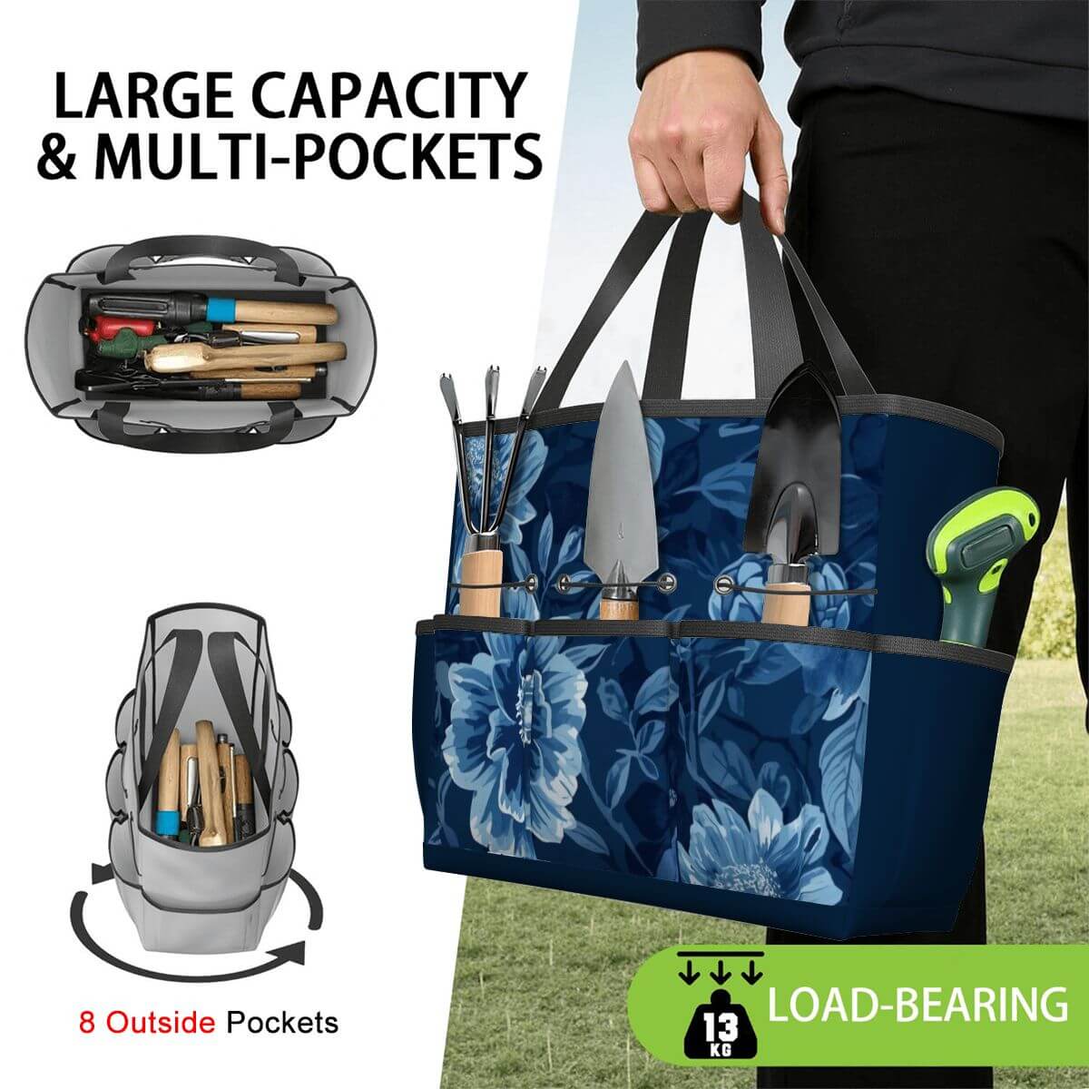 Gartengerätetasche mit großen Kapazitäten, mehreren Taschen und floralem Design, aus Oxford-Stoff, ideal für Gartenbedarf.
