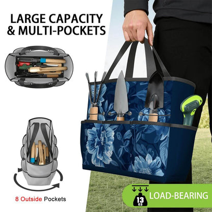 Gartengerätetasche mit großen Kapazitäten, mehreren Taschen und floralem Design, aus Oxford-Stoff, ideal für Gartenbedarf.