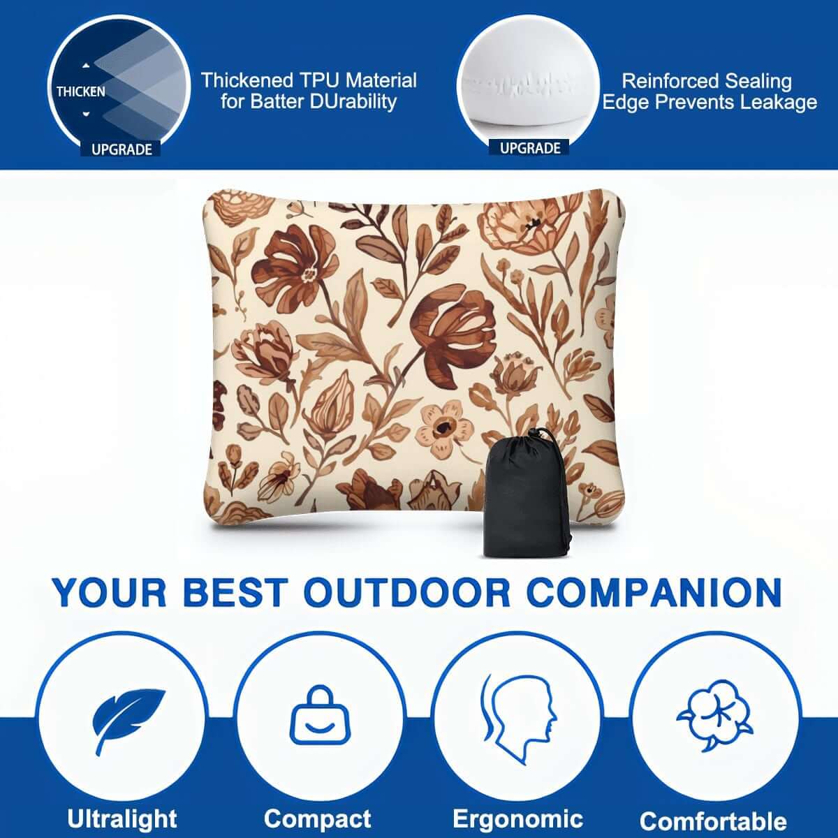 Video Aufblasbares Campingkissen mit Blumenmuster, leicht und ergonomisch, ideal für Outdoor-Abenteuer, robustes TPU-Material.