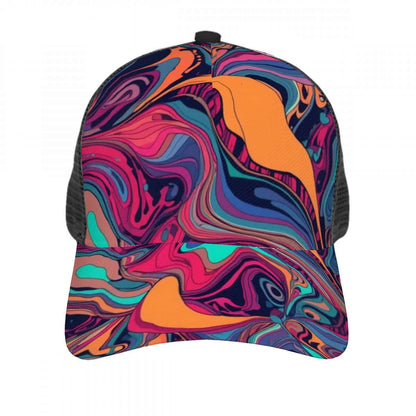 Baseballkappe mit Mesh-Einsatz, vollflächiger Druck, Polyester-Twill, sublimiertes Design, atmungsaktives Netzgewebe, buntes Muster.