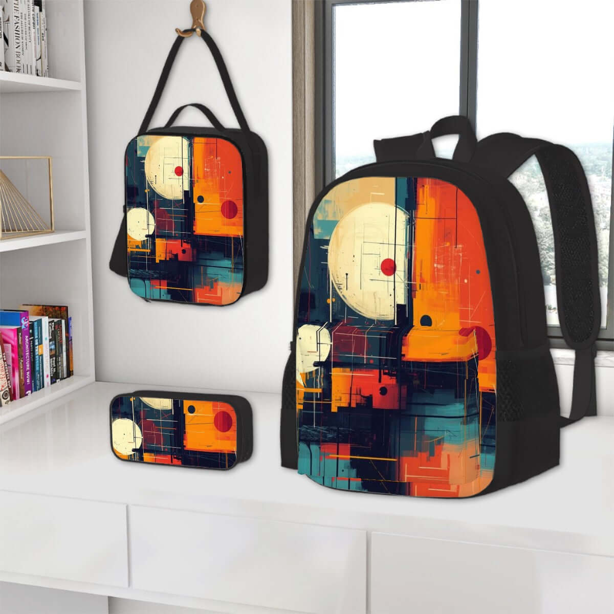 3er-Set Taschen (Oxford-Rucksack, Lunchtasche &amp; Federmäppchen) aus robustem Oxford-Stoff mit modernem Design in leuchtenden Farben