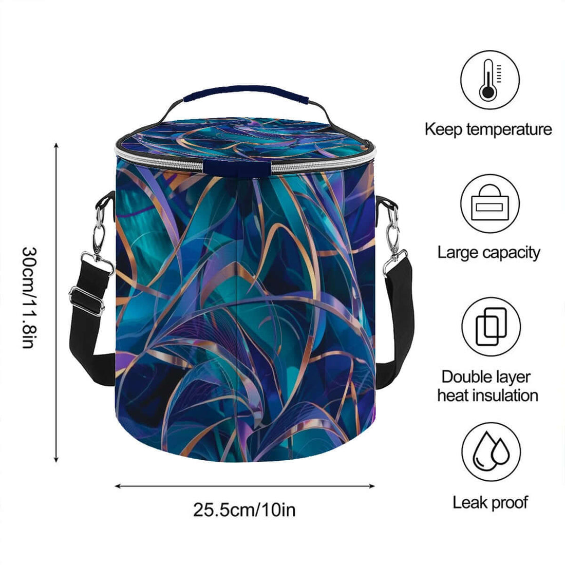 Camping-Kühltasche in Blau-Muster, tragbar, isoliert, wasserdicht, 25,5cm Durchmesser, hält Temperatur, große Kapazität, auslaufsicher.