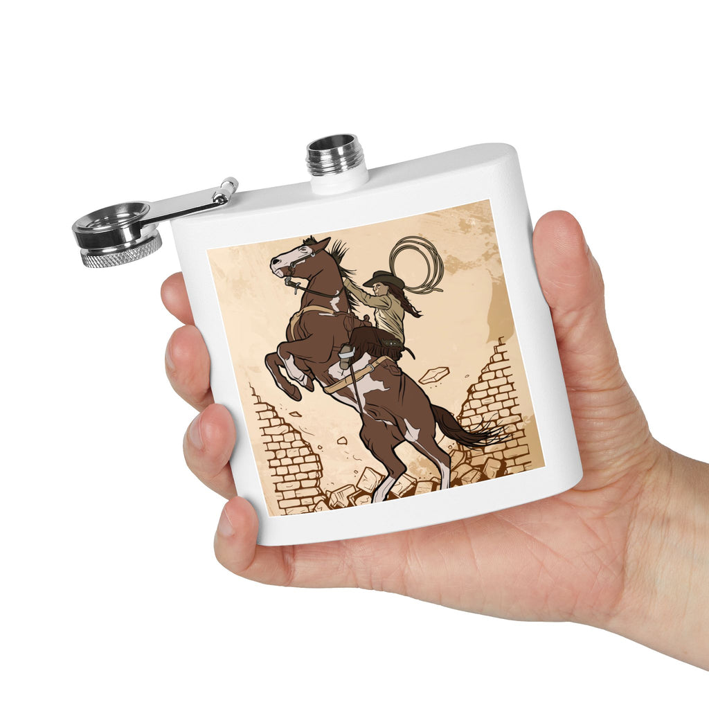 Edelstahl-Flachmann mit Cowboy-Motiv Trinkgefäß für Abenteurer weiß in der Hand