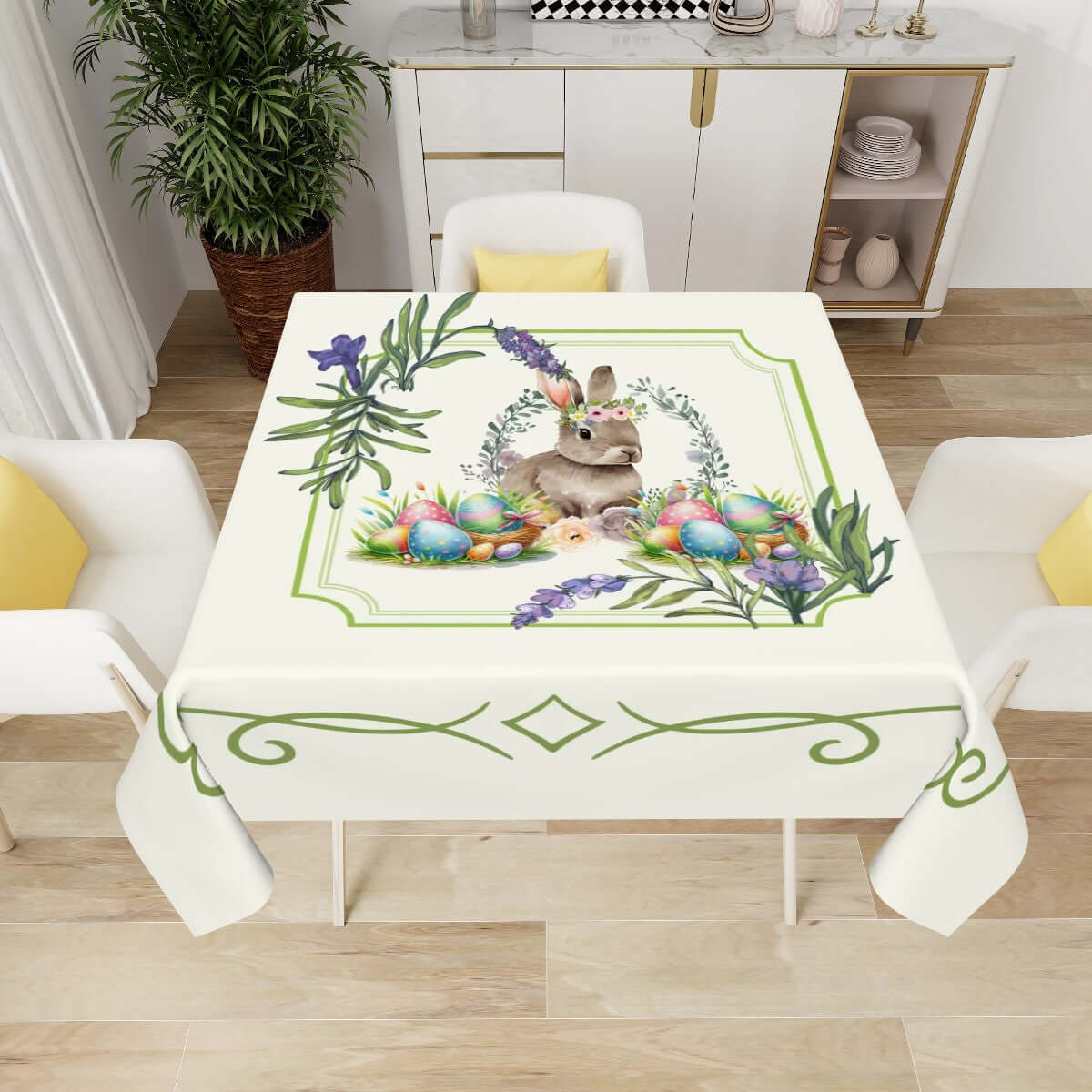 Quadratische Tischdecke Ostermotiv mit Hasen- und Blumenmuster auf Tisch in Esszimmer, Polyester, 54"x54", 60"x60", wasserabweisend