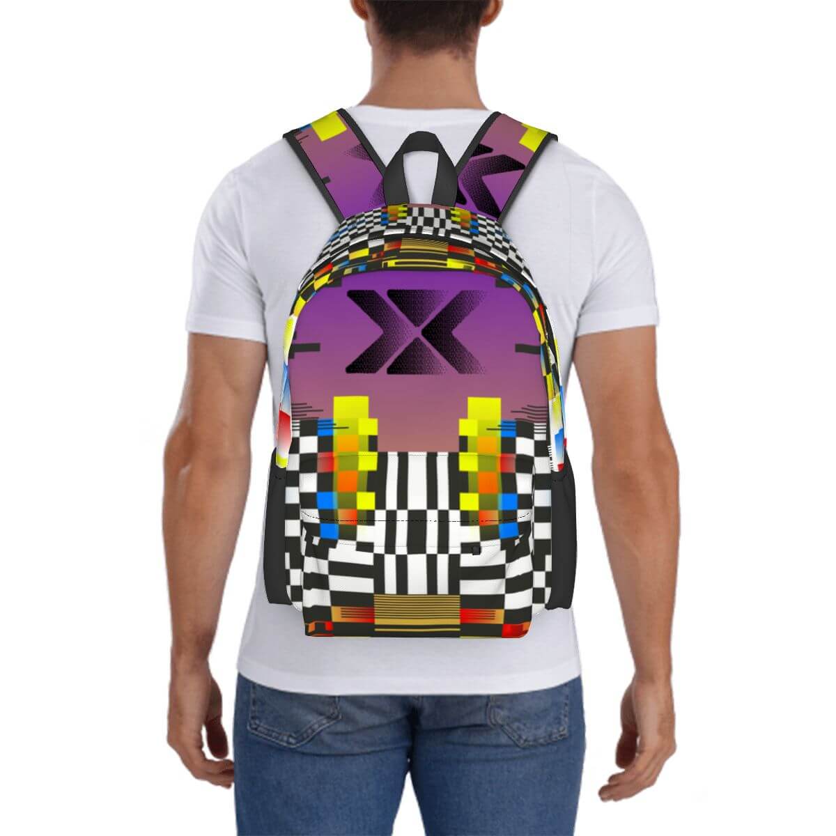 Geräumiger Oxford-Rucksack mit buntem Design und Seitentaschen, aus hochwertigem Oxford-Stoff, ideal für Schule oder Reisen.