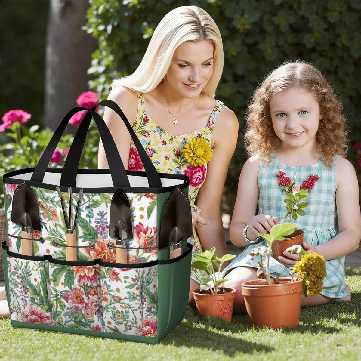 Gartengerätetasche (Werkzeuge nicht enthalten) aus Oxford Fabric, ideal für große Kapazität und Aufbewahrung im Garten, mit Blumenmuster.