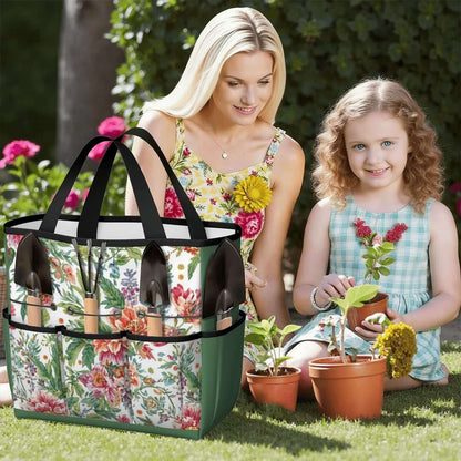 Gartengerätetasche aus Oxford-Stoff mit floralem Design im Garten genutzt von zwei Personen, mehrfaches Taschenlayout sichtbar.