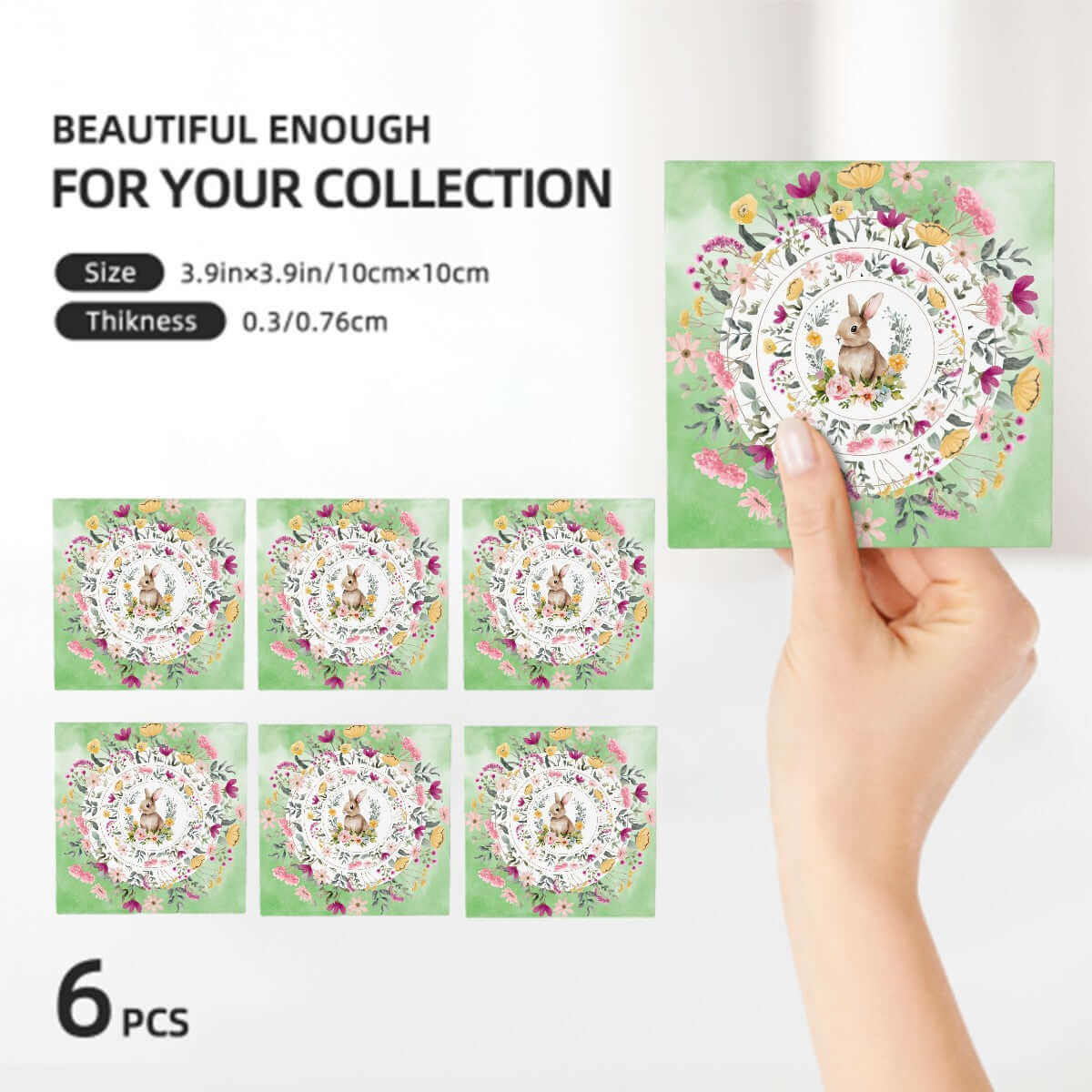 Quadratische Keramikuntersetzer, 6 Stück mit Blumendesign, handgehaltene Ansicht, ideale Größe und Dicke für jede Sammlung