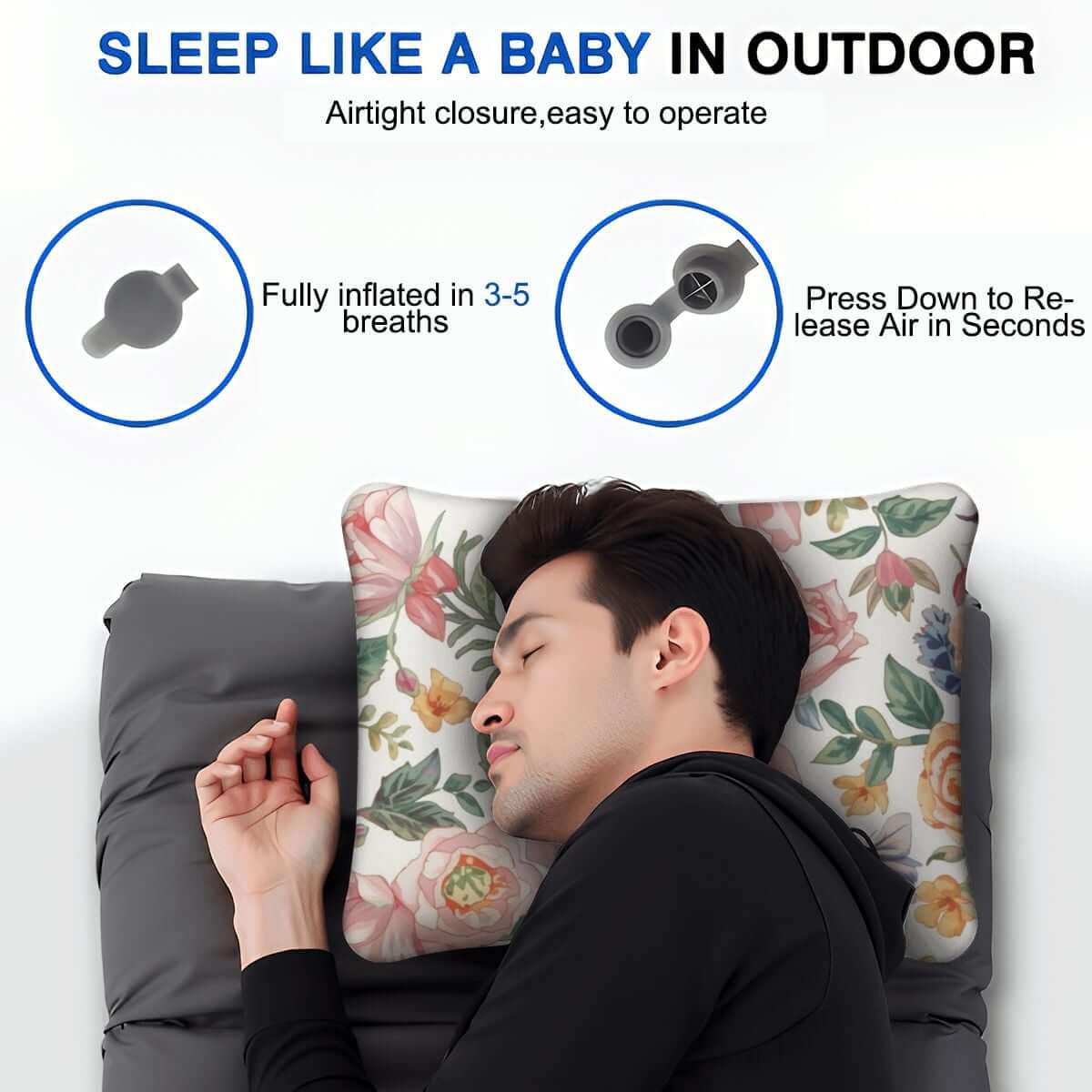 Aufblasbares Campingkissen bequem zum Schlafen im Freien, hautfreundlich mit floralem Design, leicht aufblasbar in 3-5 Atemzügen
