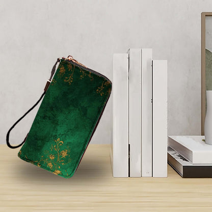 Clutch Wallet for Women with green PU leather and gold floral design, featuring large capacity and multiple card slots. Clutch-Geldbörse für Damen.