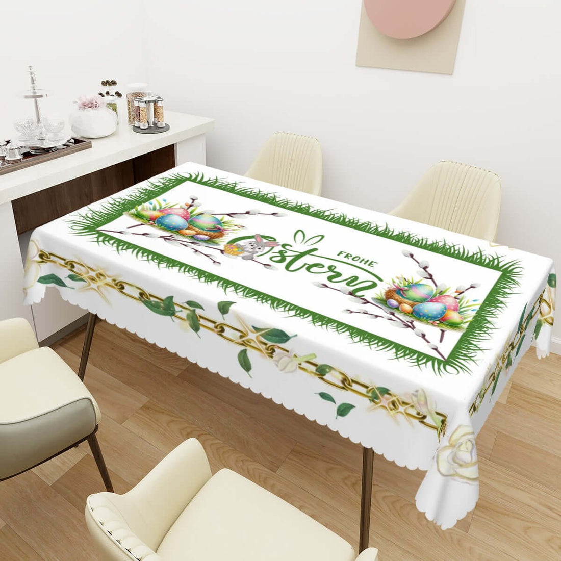 Rechteckige Tischdecke mit Wellenrand Ostermotiv, 72x54 Zoll, 100% Polyester, Frühlingsdekor, wasserdicht und wiederverwendbar.