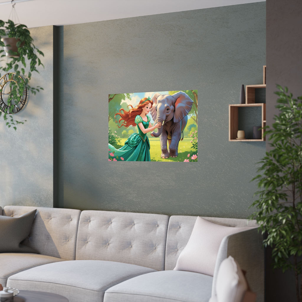 Zauberhafte Satinposter fürs Kinderzimmer, skurrile Wandkunst, Prinzessin mit ein Elefant auf die Wiese über das Sofa