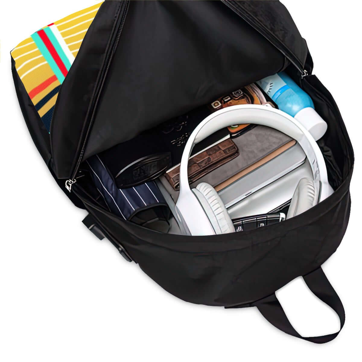 Innenansicht des Oxford Reise-Laptop-Rucksack mit USB-Anschluss, zeigt Kopfhörer, Bücher und Zubehör im Hauptfach.