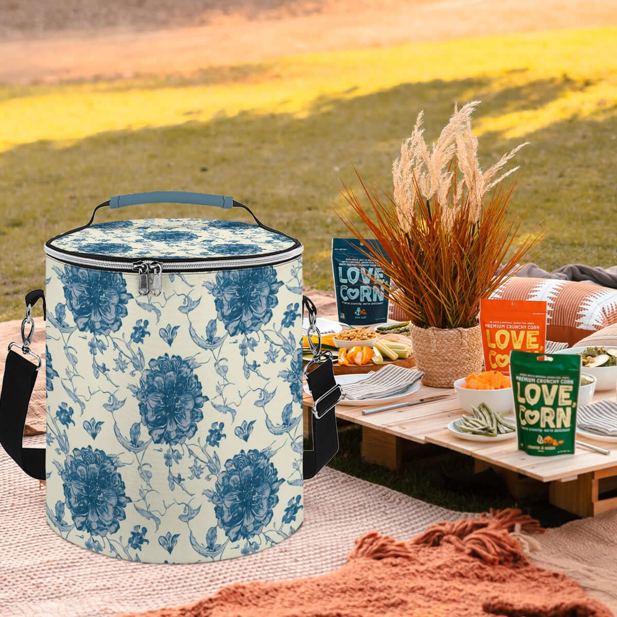 Camping-Kühltasche mit blauem Blumendesign, tragbar, isoliert und wasserdicht, ideal für Outdoor-Ausflüge. Perfekt für Camping.