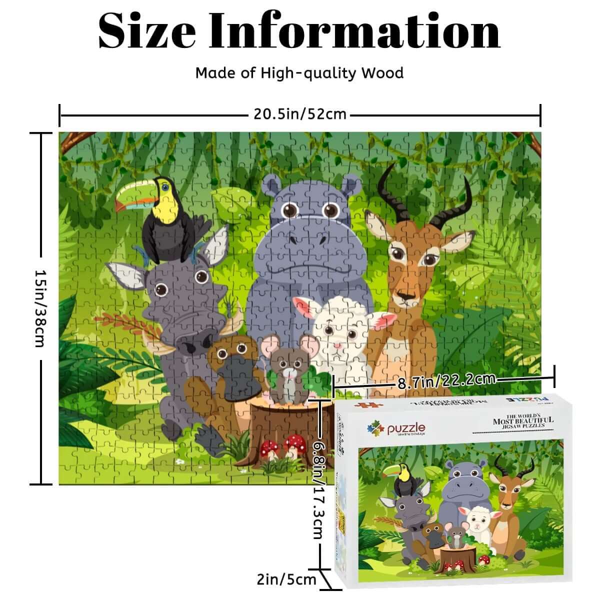 500-teiliges Holzpuzzle (horizontal) mit Tiermotiven aus hochwertigem Lindenholz, 52 x 38 cm, UV-Druck auf der Vorderseite.
