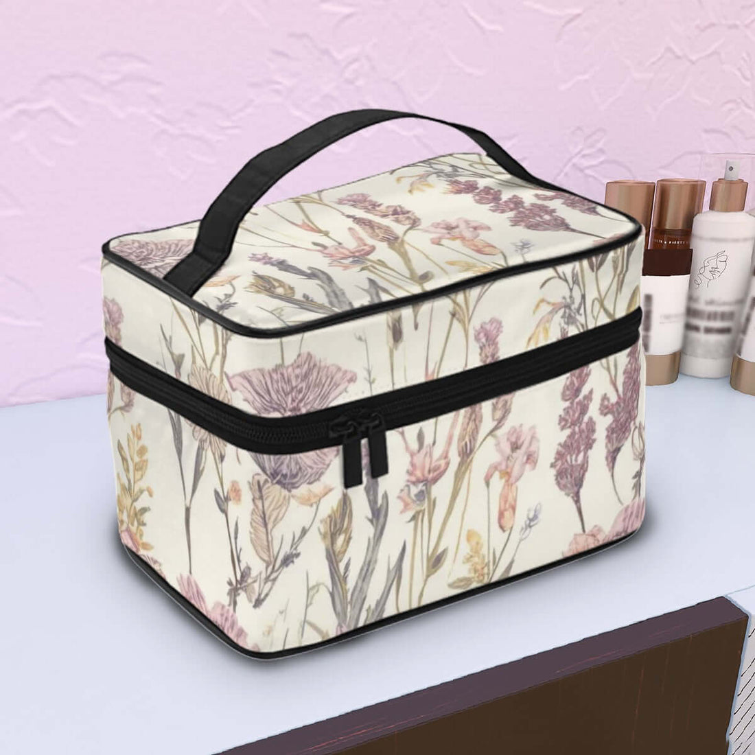 Tragbare Reise-Kosmetiktasche aus Polyester, 9x6,7x6,3 Zoll, mit Blumendesign, elegantem Reißverschluss und großer Kapazität.