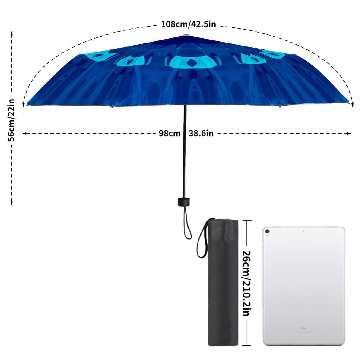 UV-Schutz-Regenschirm mit Vinylbeschichtung, einseitigem Sublimationsdruck und windfester Struktur, Abmessungen 108cm x 56cm, Details sehen