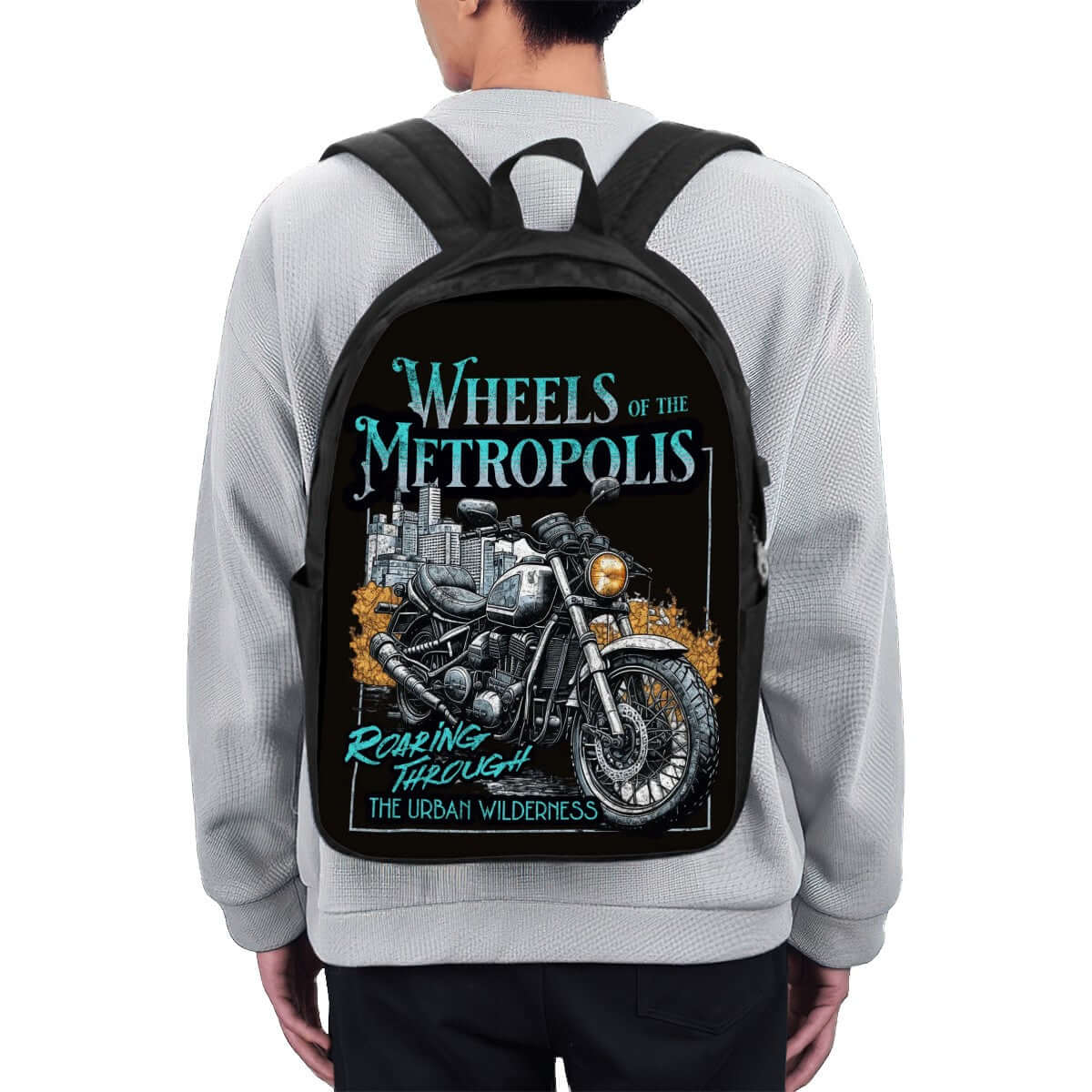 Person carrying a stylish backpack featuring a motorcycle design with the text &