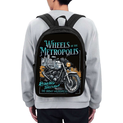 Person carrying a stylish backpack featuring a motorcycle design with the text &