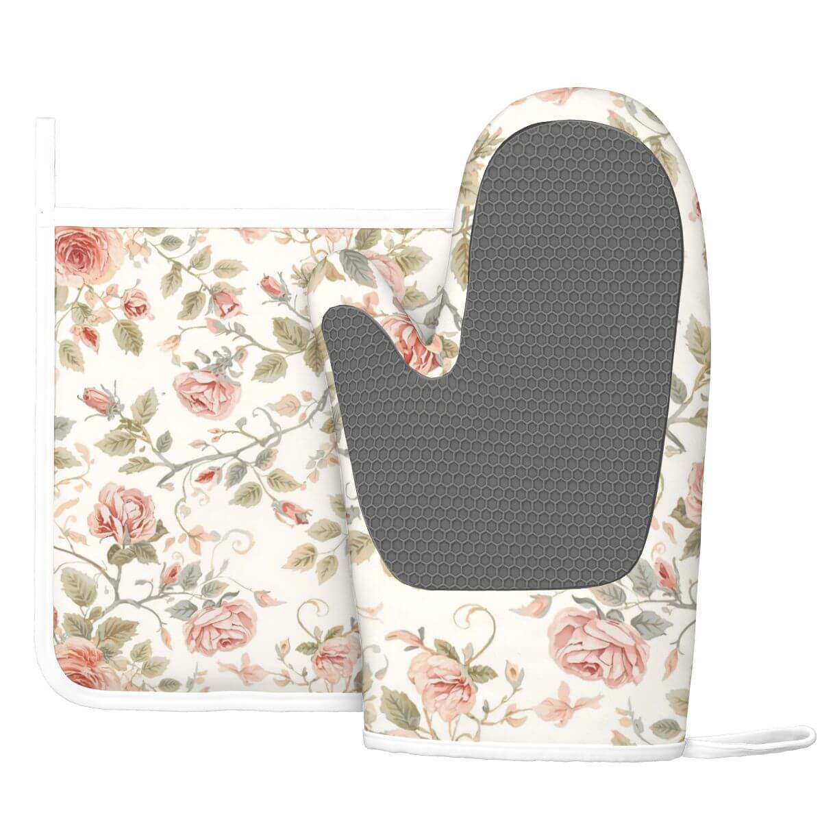 Silikon-Ofenhandschuhe und Topflappen-Sets (links) mit floralem Design, Polyester und Silikon-Materialien, ideal für die Küche.