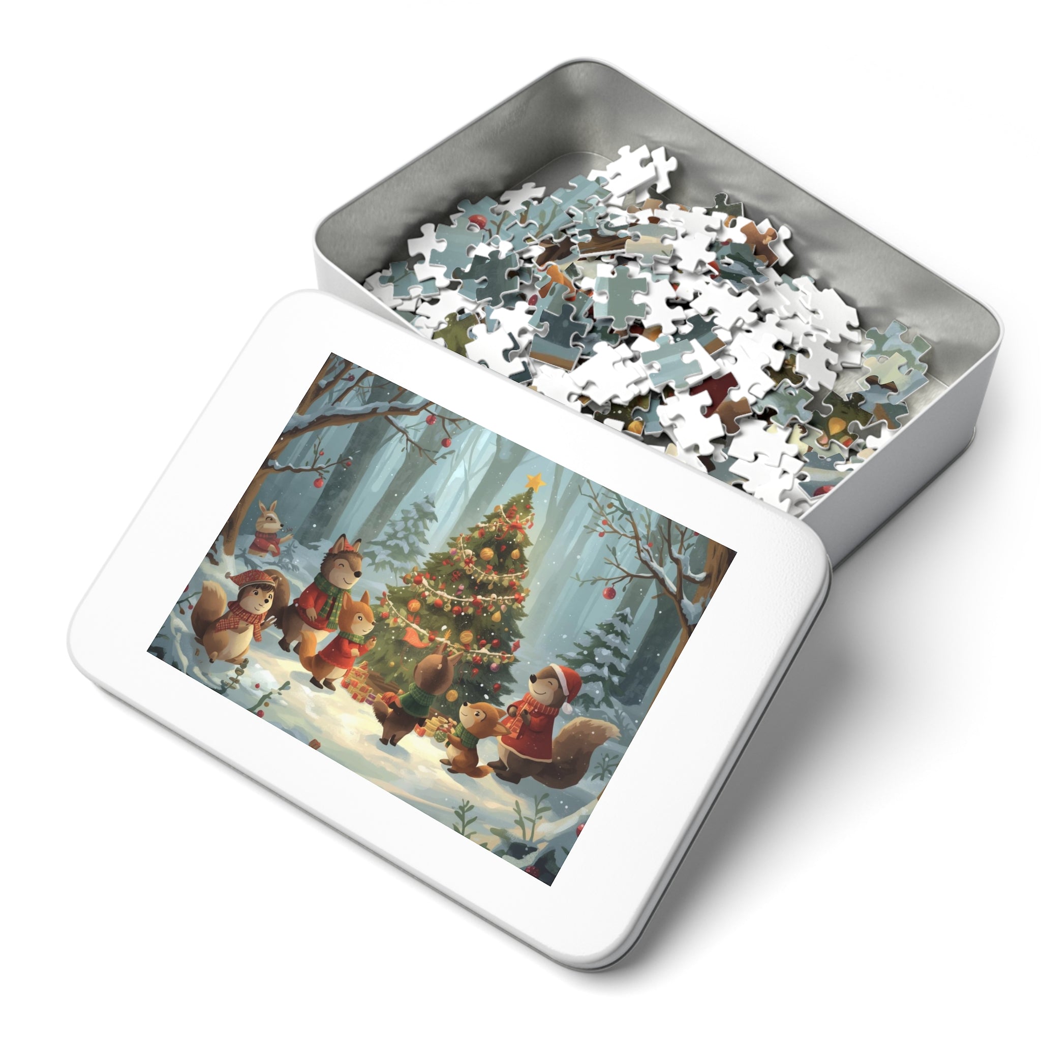 Festliches Tierpuzzle mit Sammeldose, Weihnachtspuzzle in der Dose