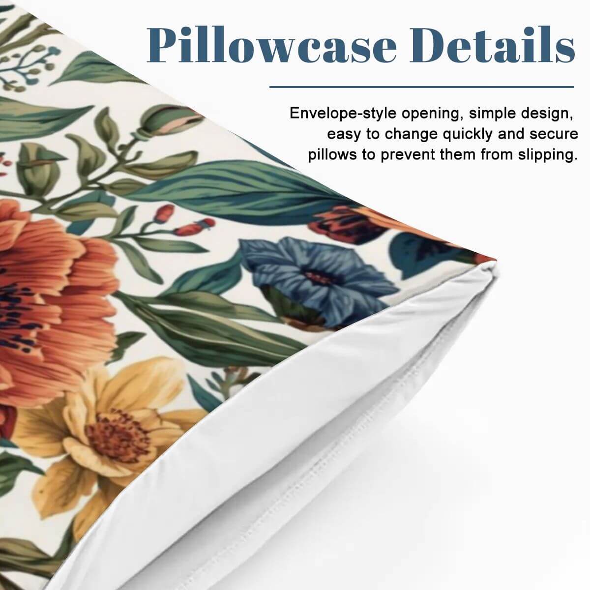 Floral pillowcase with envelope-style opening, part of Komplettes Bettwäscheset, showcasing detailed design and easy-change feature.