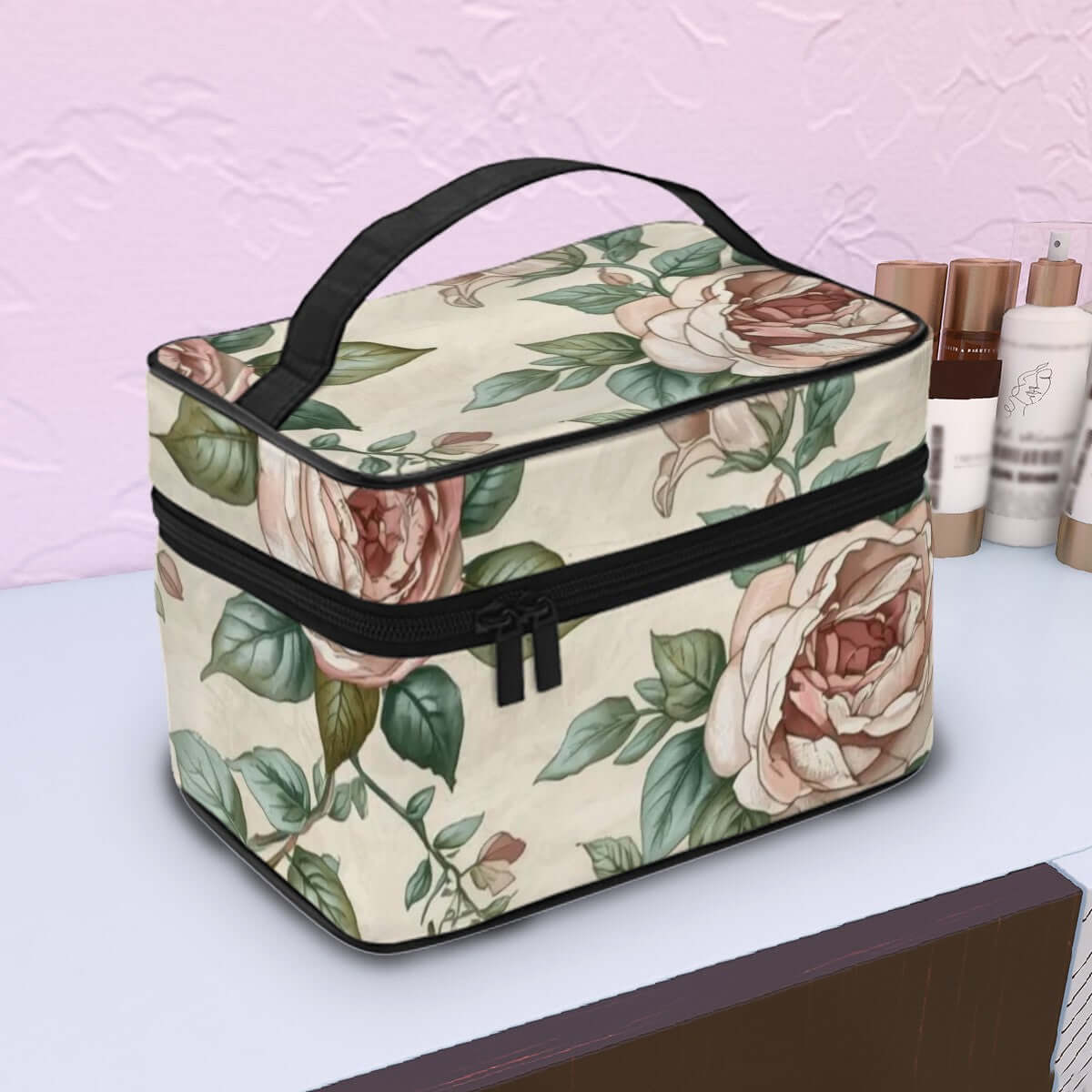 Tragbare Reise-Kosmetiktasche mit floralem Design, Polyester, 9x6,7x6,3 Zoll, elegante Reißverschlussstruktur, große Kapazität