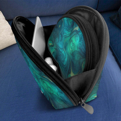 Storage Bags Set of 2 in polyester with green swirl design, showing large capacity with zipper open on a blue couch. Details für PU-Tragetasche für Damen ansehen.
